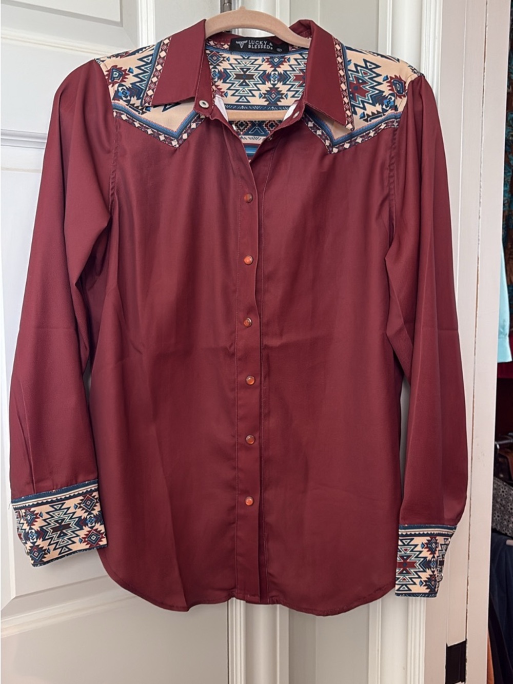 Lucky abd Blessed Women's Maroon Button-Down Shirt with Aztec Trim